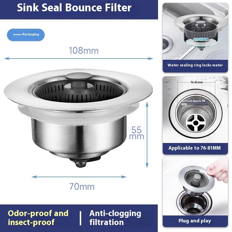 Stainless Steel Kitchen Bounce Core Sink Strainer Drain Cap